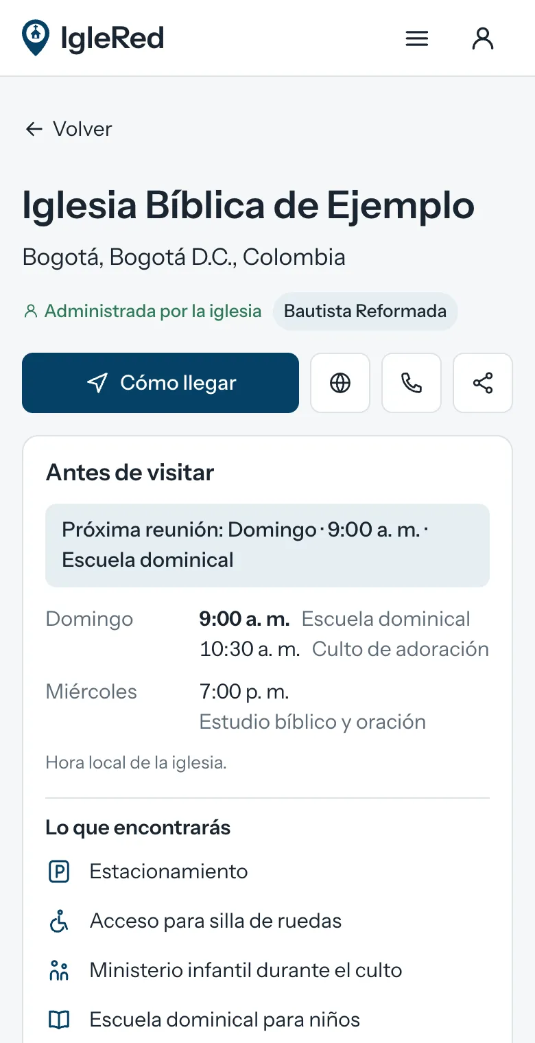 Ficha de una iglesia en el celular: botón «Cómo llegar», próxima reunión, horarios y lo que encontrarás al llegar.