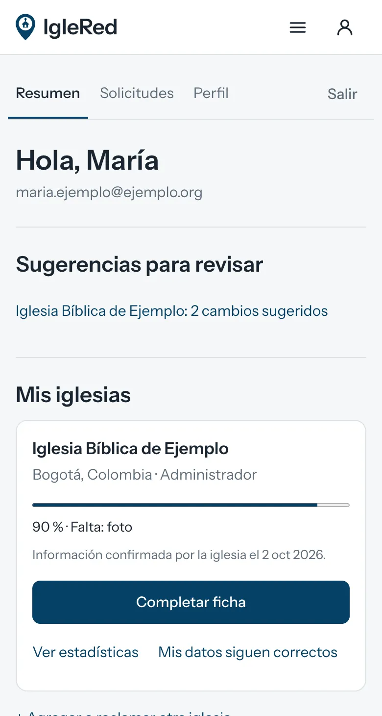 Mi cuenta: la tarjeta de la iglesia con su porcentaje de ficha completa, la fecha de confirmación y el enlace a sus estadísticas.