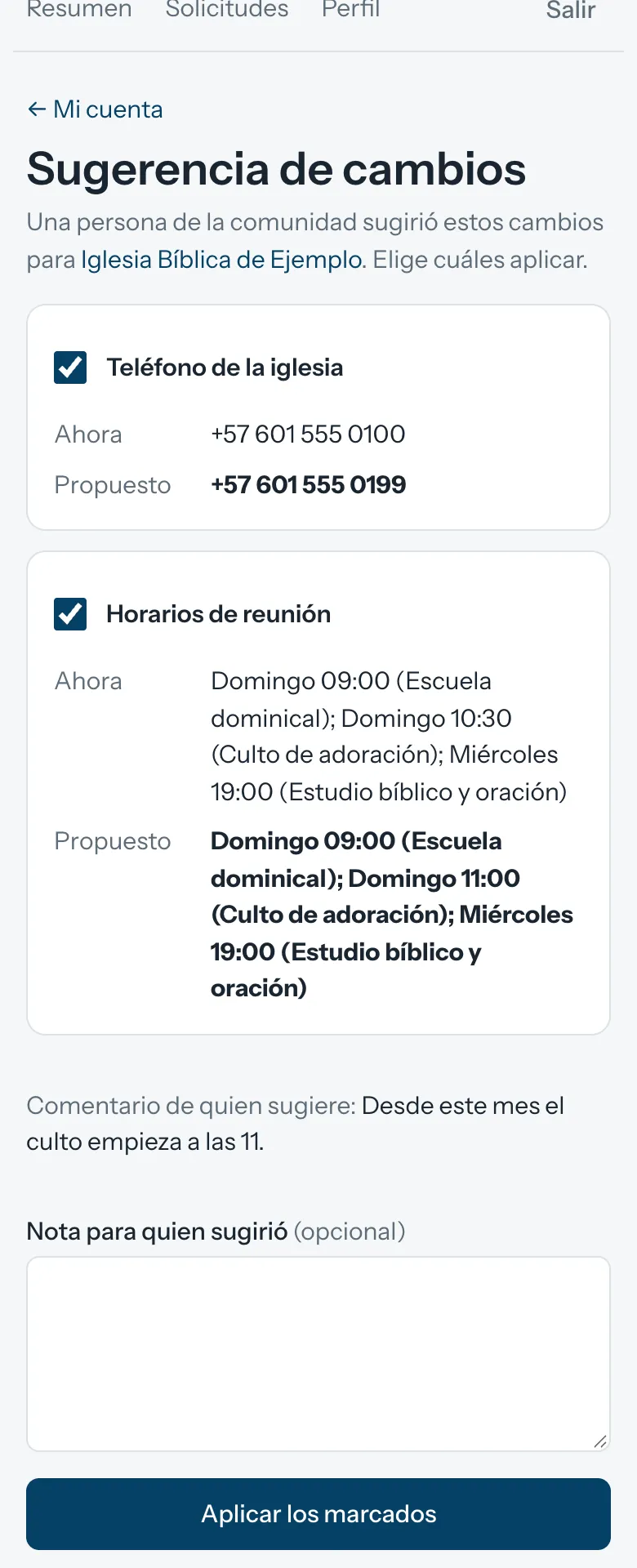 Revisión de una sugerencia: cada cambio muestra el dato actual y el propuesto, con una casilla para aplicarlo.