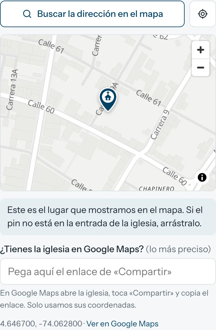 Selector de ubicación: mapa de calles con el pin de la iglesia, botón para buscar la dirección y campo para pegar un enlace de Google Maps.